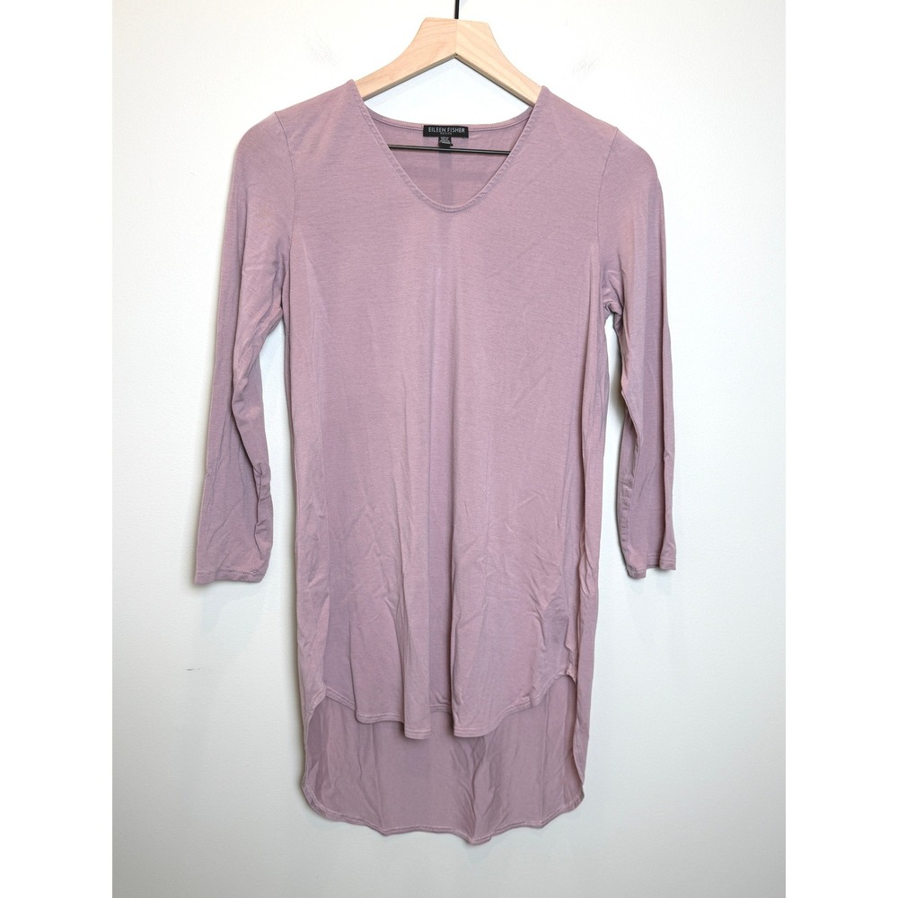 Eileen Fisher Petite S Purple Pastel V-Neck High-Low Tunic Top 3/4 Sleeve Basics